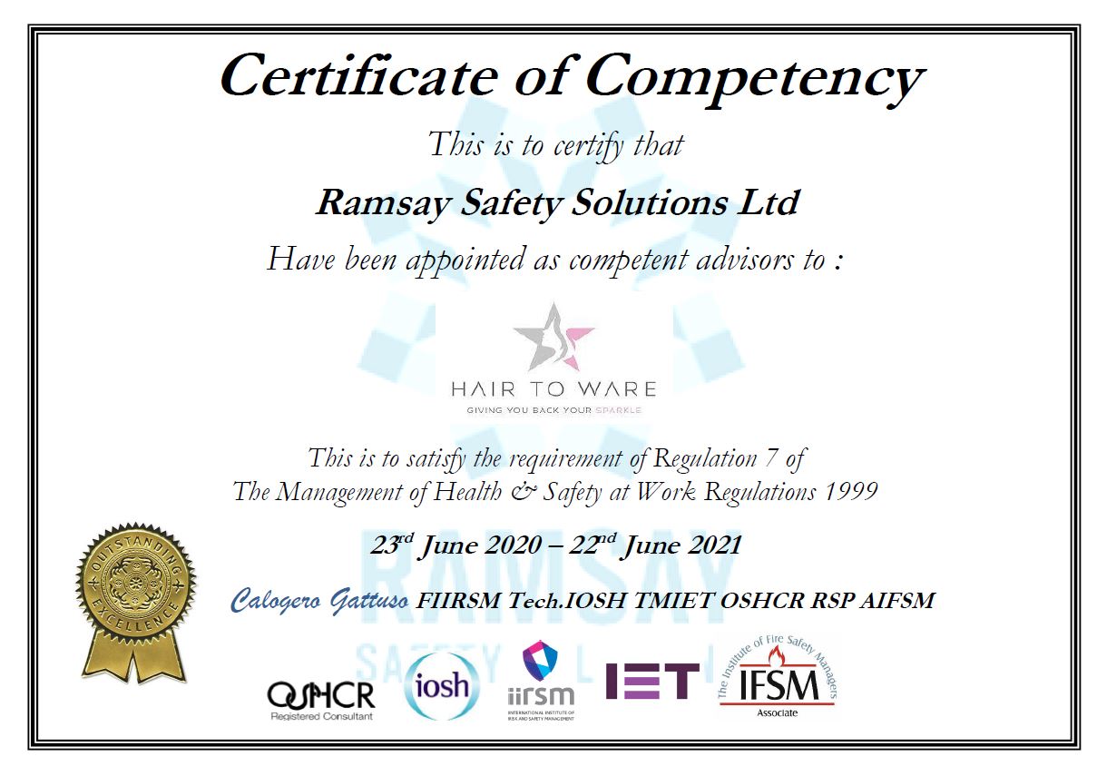 Health & Safety | Certificate of Competency | Hair to Ware | Ramsey Safety Solutions Ltd
