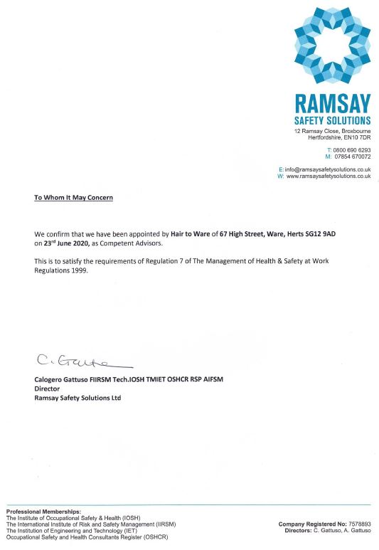 Health & Safety | Letter of Engagement | Hair to Ware | Ramsey Safety Solutions Ltd